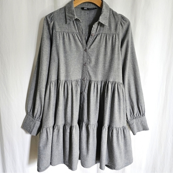 🇪🇦 Zara Grey Tiered Mini Shirt Dress - Picture 3 of 16